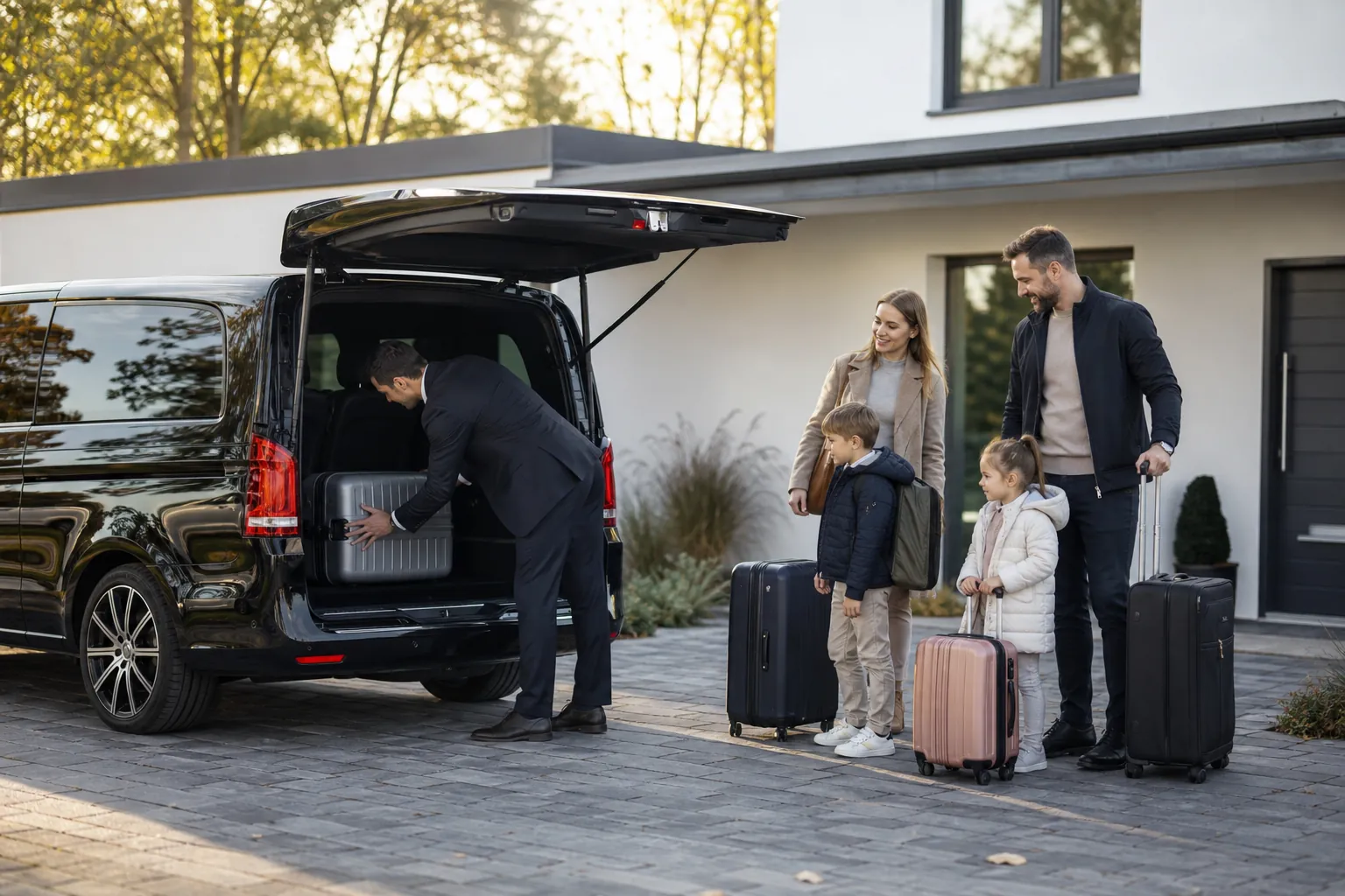 Familie mit Gepäck beim Flughafentransfer von der Haustür
