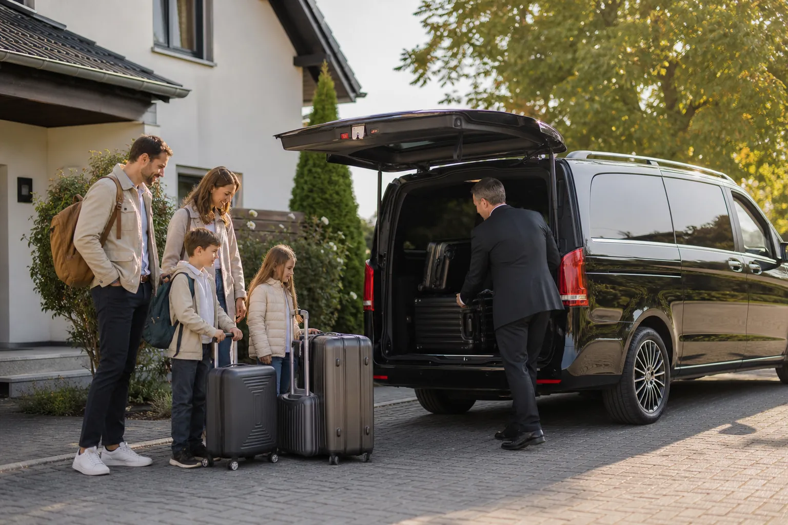 Familie mit Gepäck beim Flughafentransfer von der Haustür