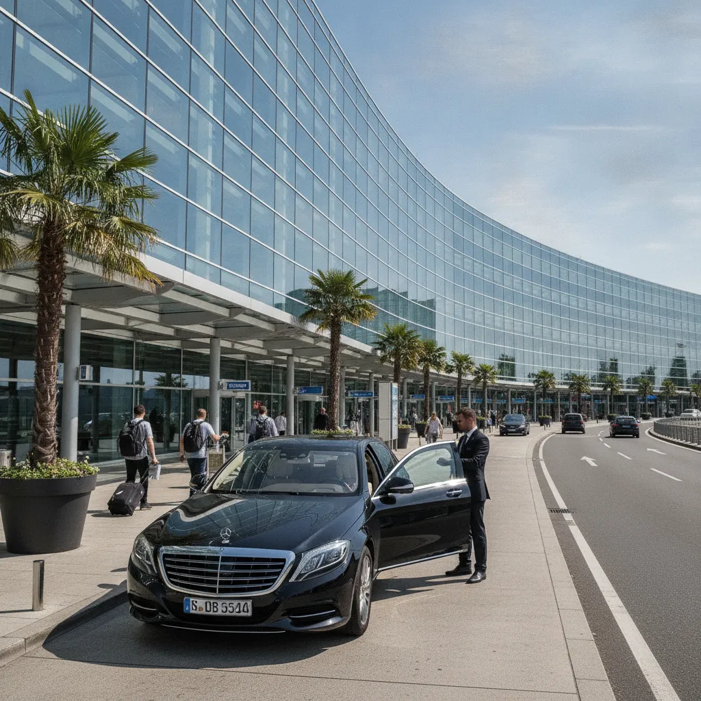 Schwarze Mercedes-Limousine am Terminal des Flughafens Frankfurt
