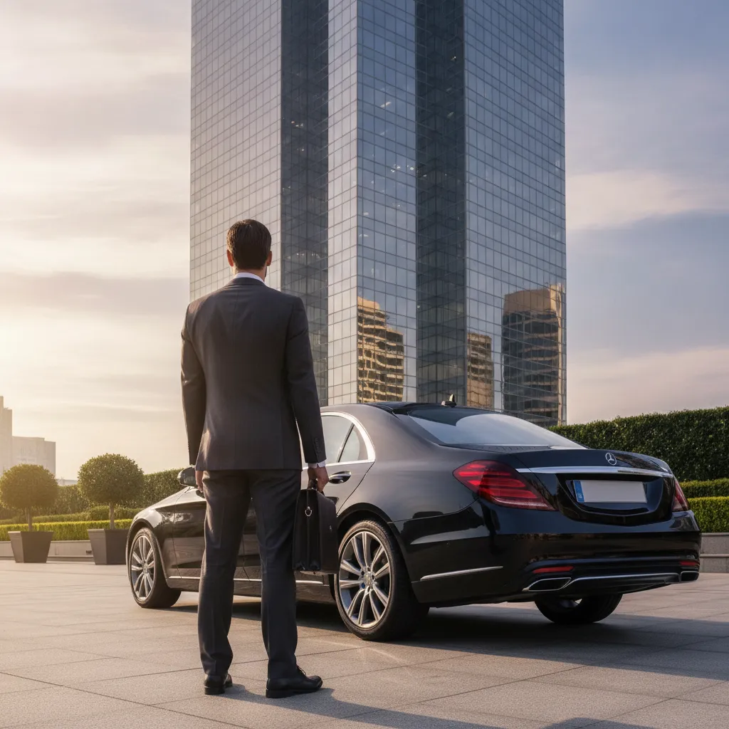 Geschäftsreisender mit Aktentasche neben schwarzer Mercedes-Limousine vor der Abfahrt